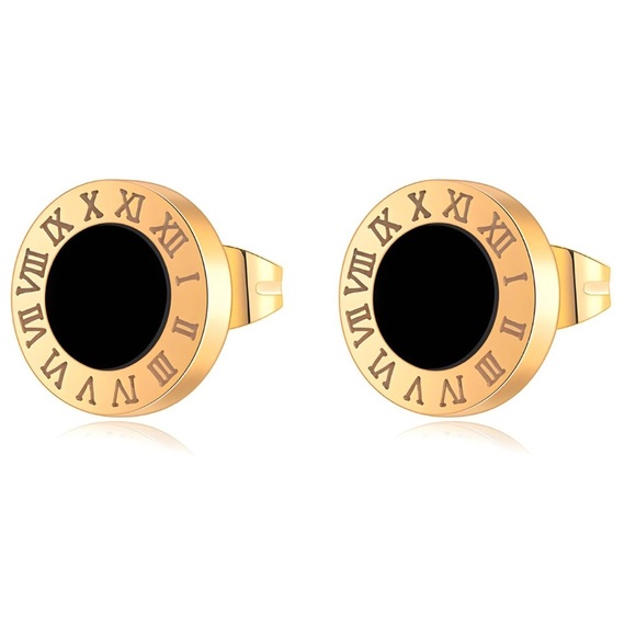 18K Gold Plated Steel Roman Numeral Earrings - Picture 1 of 1